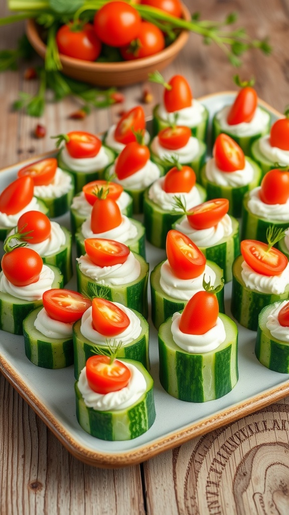 A colorful platter of cucumber slices with cream cheese filling, garnished with cherry tomatoes and dill on a rustic table.